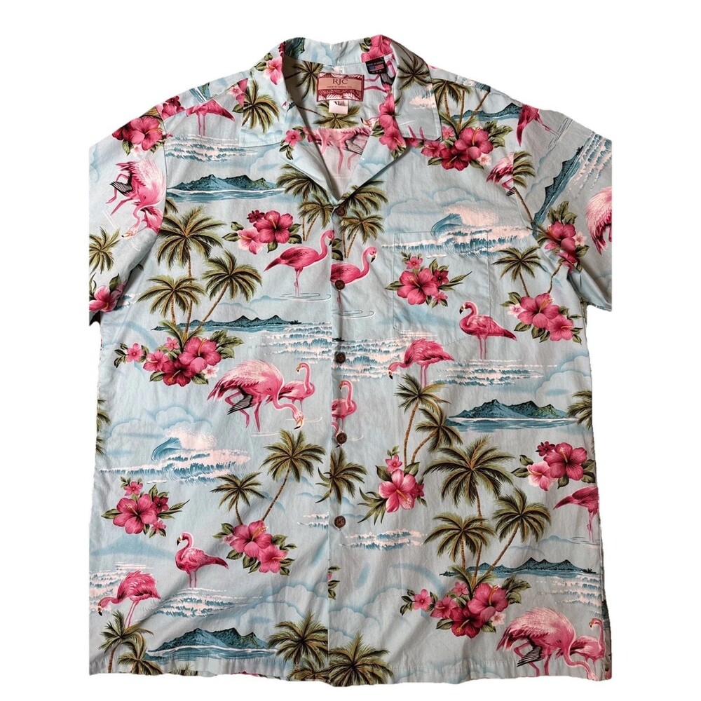 RJC‎ Hawaiian Shirt Mens XL Pink Flamingo Palm Print Blue Aloha Camp Made in USA